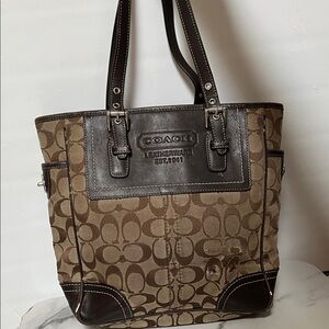 COACH Legacy Signature Brown Canvas Leather Trim Tote Bag Monogram Purse